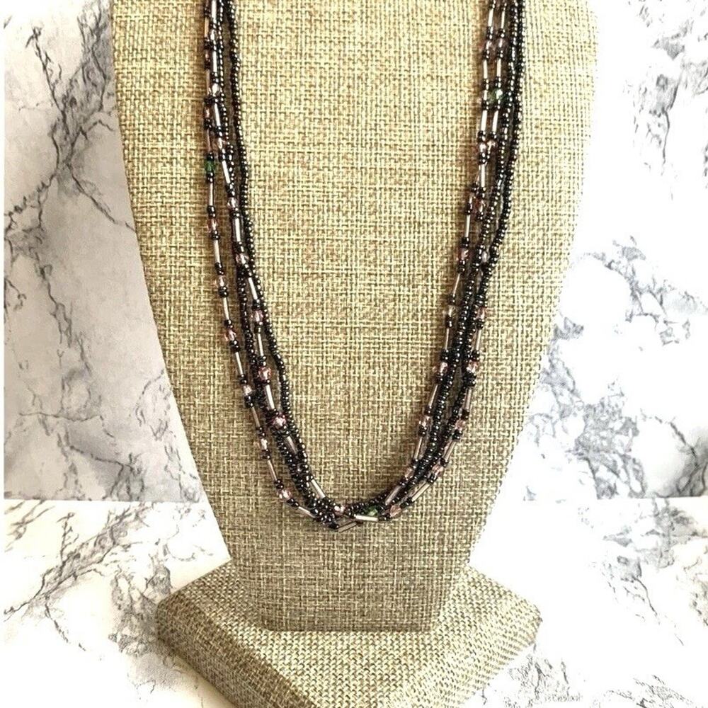 Premier Designs Y2K Rose Quartz Seed Bead 3 Strand Necklace Pink Bronze 16"